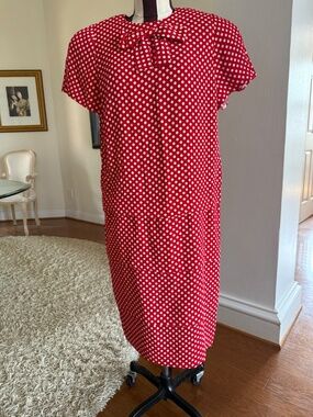 Vintage Albert Nipon Red Polka Dot Bow Dress Size 10 Rayon 80s 90s Shift Midi